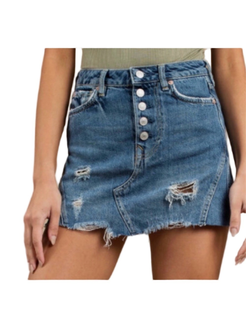 Distressed Blue Denim Mini Skirt with Button Front Distressed Sz 29 a-line 10